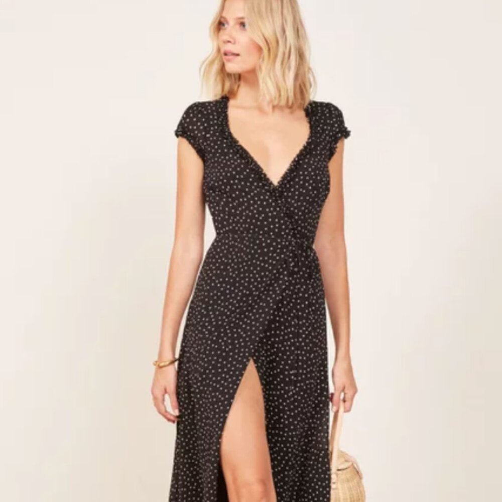 Black Polka Dot Wrap Midi Dress - Picture 2 of 4